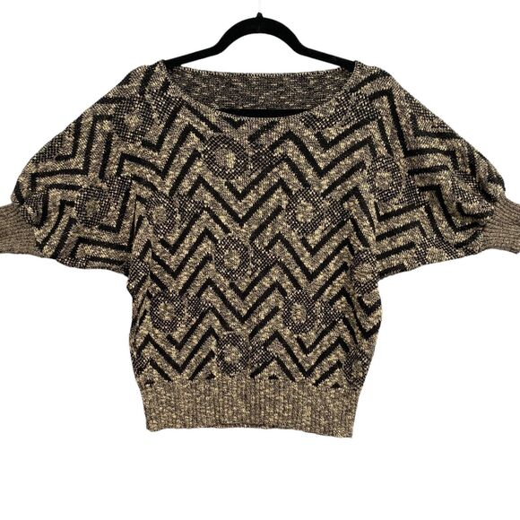 VTG 80s Chevron Batwing Sweater S/M Black Tan Knit Retro Slouchy Y2K Boho Chic - Picture 1 of 12